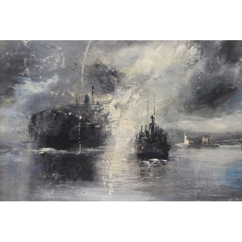 2050 - Frank Hendry (1863-1939): oil on board, moonlit ship in harbour, 41 x 32 cm. P&P Group 3 (£25+VAT fo... 