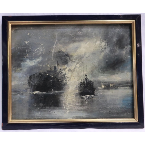 2050 - Frank Hendry (1863-1939): oil on board, moonlit ship in harbour, 41 x 32 cm. P&P Group 3 (£25+VAT fo... 