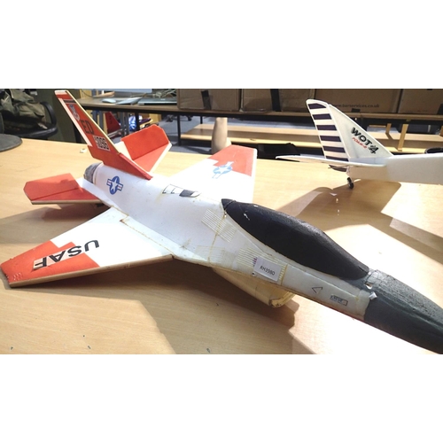 2114 - Four foam construction electric powered radio controlled aircrafts, some radio control equipment fit... 