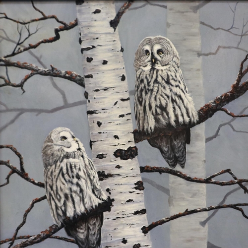 2051 - Alan Lewis (B. 1944): oil on board, two owls, 50 x 60 cm, image is in good order with no visible dam... 