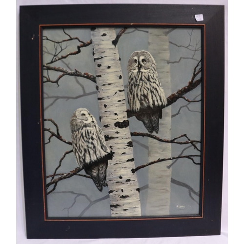 2051 - Alan Lewis (B. 1944): oil on board, two owls, 50 x 60 cm, image is in good order with no visible dam... 