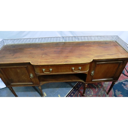 2112 - A Regency walnut breakfront sideboard cross banded with reeded supports and brass gallery, 183 x 50 ... 