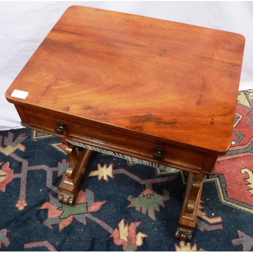 2117 - A Victorian single drawer sewing table with carved supports and turned stretcher, 54 x 40 x 72 cm H.... 