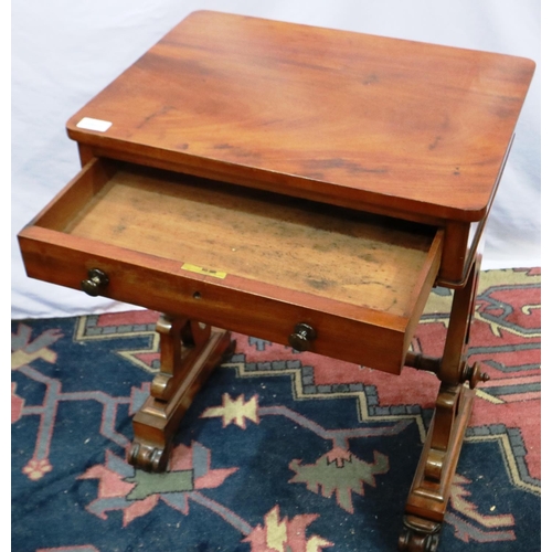 2117 - A Victorian single drawer sewing table with carved supports and turned stretcher, 54 x 40 x 72 cm H.... 