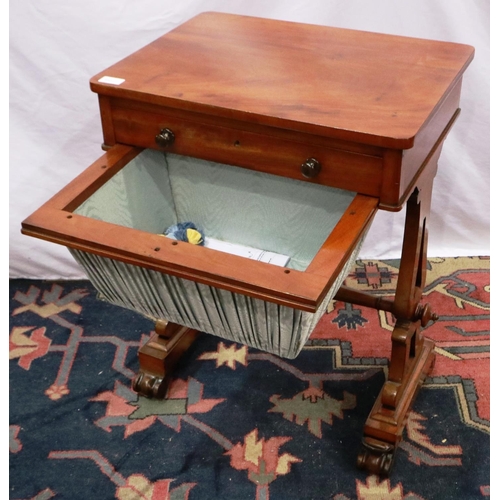 2117 - A Victorian single drawer sewing table with carved supports and turned stretcher, 54 x 40 x 72 cm H.... 