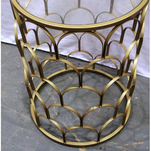 2087 - A contemporary cylindrical wrought iron lamp table with circular glass top, D: 42 cm, H: 58 cm. Not ... 