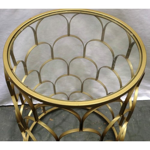 2087 - A contemporary cylindrical wrought iron lamp table with circular glass top, D: 42 cm, H: 58 cm. Not ... 