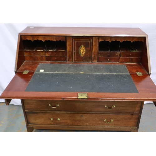 2136 - George III walnut fall front bureau, inlaid and fitted with pigeon holes, drawers and secret compart... 