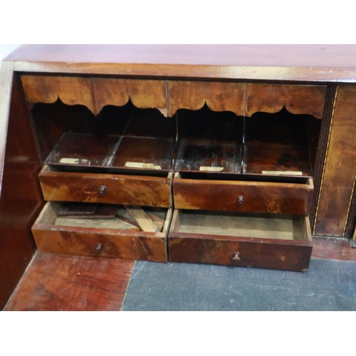 2136 - George III walnut fall front bureau, inlaid and fitted with pigeon holes, drawers and secret compart... 