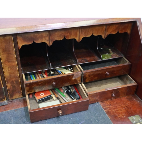 2136 - George III walnut fall front bureau, inlaid and fitted with pigeon holes, drawers and secret compart... 