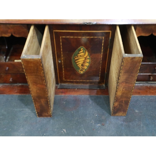 2136 - George III walnut fall front bureau, inlaid and fitted with pigeon holes, drawers and secret compart... 