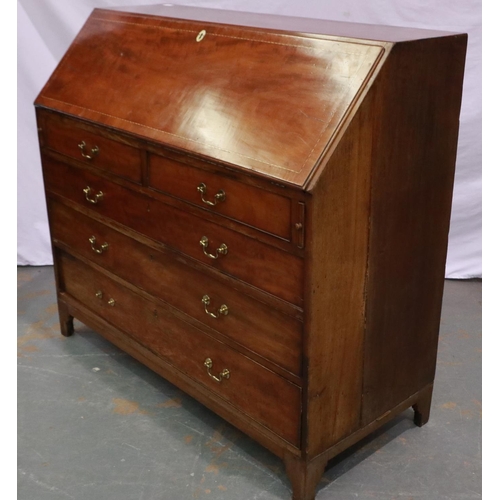 2136 - George III walnut fall front bureau, inlaid and fitted with pigeon holes, drawers and secret compart... 