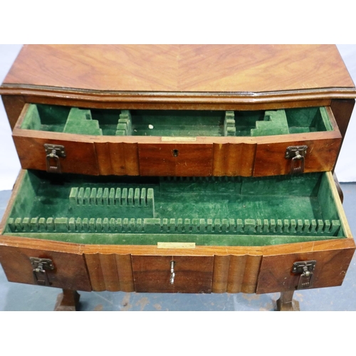 2137 - An early 20th century walnut two drawer cutlery canteen with fitted interior, quartered veneers and ... 