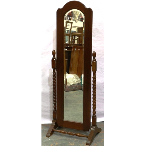 2145 - A Victorian oak framed 3/4 length cheval mirror, with twist column supports and bevelled glass, over... 