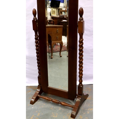 2145 - A Victorian oak framed 3/4 length cheval mirror, with twist column supports and bevelled glass, over... 