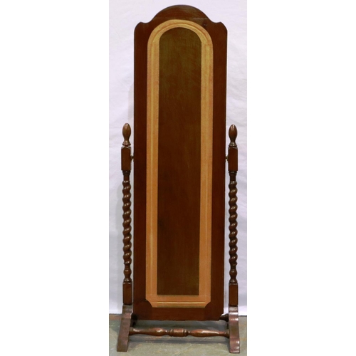 2145 - A Victorian oak framed 3/4 length cheval mirror, with twist column supports and bevelled glass, over... 