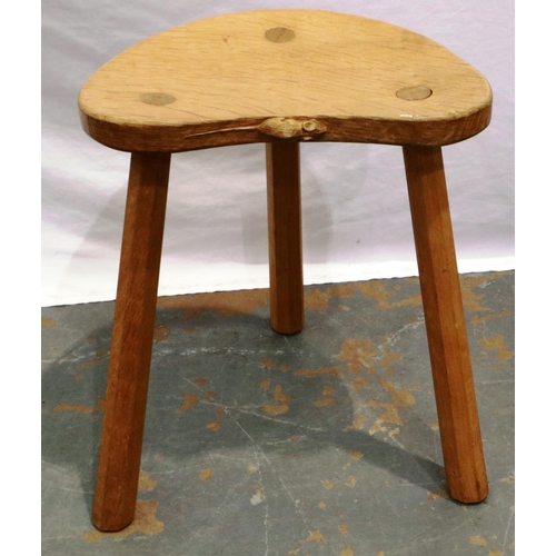 2146 - Robert Mouseman Thompson three legged stool, with carved mouse to front lip, H: 46 cm. Not available... 