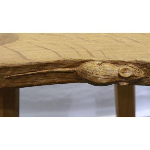 2146 - Robert Mouseman Thompson three legged stool, with carved mouse to front lip, H: 46 cm. Not available... 