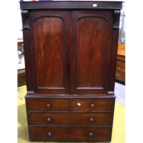 2156 - A late 19th century mahogany linen press, the cupboard top with four slides above a chest base, 117 ... 