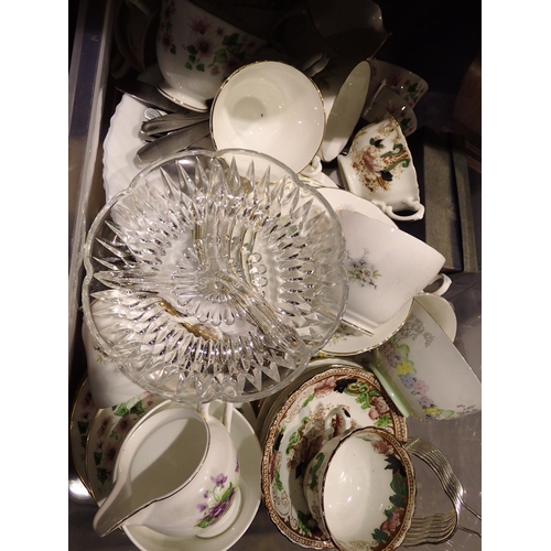 1036 - Box of mixed ceramics and glass including Queen Anne, Royal Sturt and a quantity of flatware. Not av... 