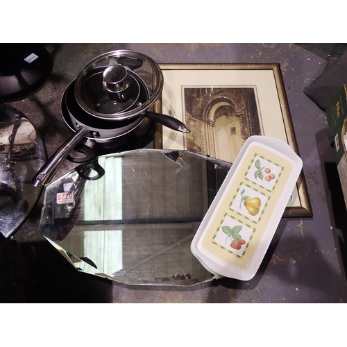 1041 - Three non stick pans, a tray, mirror and a print. Not available for in-house P&P