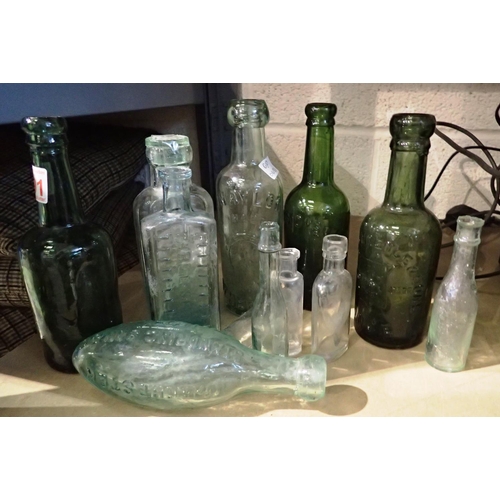 1298 - Collection of mixed, mainly green glass, bottles to include Codd bottles (12). Not available for in-... 