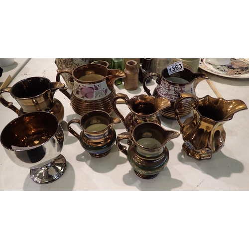 1363 - 19th century copper lustre ceramics, mainly jugs (7). Not available for in-house P&P