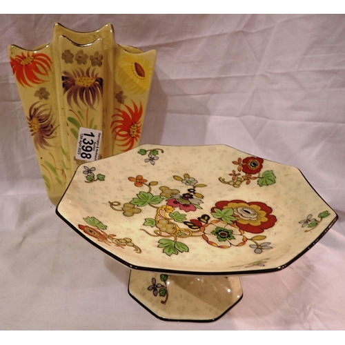 1398 - Floral wall pocket and a ceramic cake stand. Not available for in-house P&P