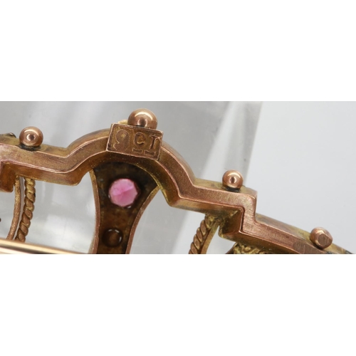 13 - 9ct gold Art Deco style brooch set with pink tourmaline and a single diamond, L: 45 mm, 2.3g. P&P Gr... 