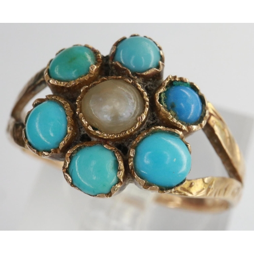 18 - Pearl and turquoise presumed gold ring, size M, 2.2g. P&P Group 1 (£14+VAT for the first lot and £1+... 