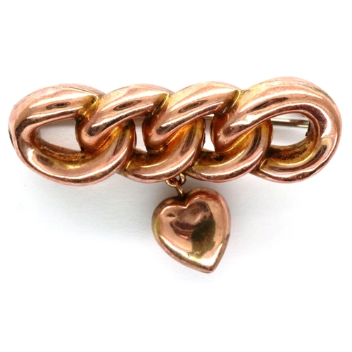 2 - 9ct rose gold brooch with heart charm, L: 40 mm, 2.7g. P&P Group 1 (£14+VAT for the first lot and £1... 