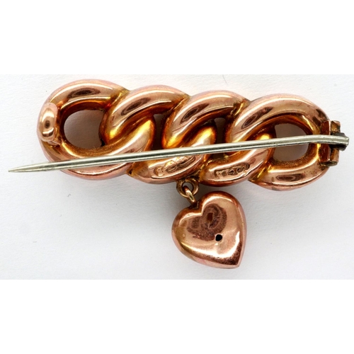 2 - 9ct rose gold brooch with heart charm, L: 40 mm, 2.7g. P&P Group 1 (£14+VAT for the first lot and £1... 