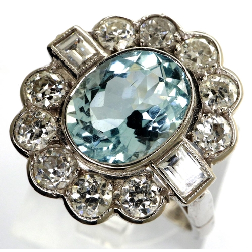 24 - 18ct white gold, aquamarine and old cut diamond ring, size O/P, 5.0g. Central aquamarine approximate... 