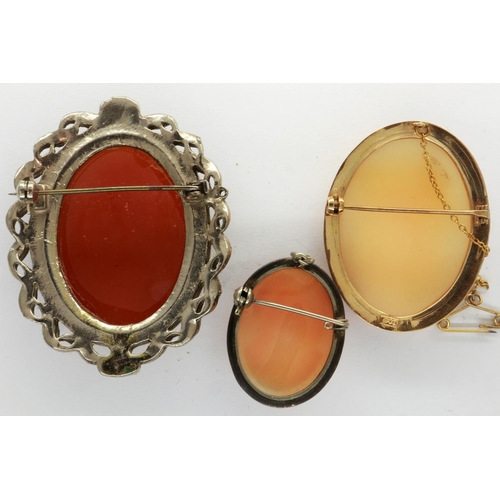 28 - Three mixed cameo brooches including a 9ct gold mounted example, largest 60 x 40 mm. P&P Group 1 (£1... 