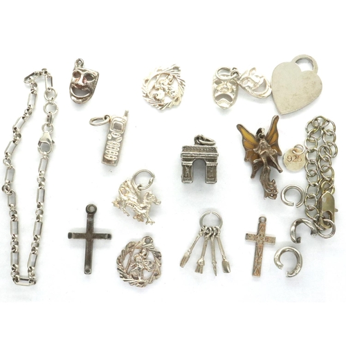 38 - Mixed 925 silver to include thirteen charms and two chains. P&P Group 1 (£14+VAT for the first lot a... 