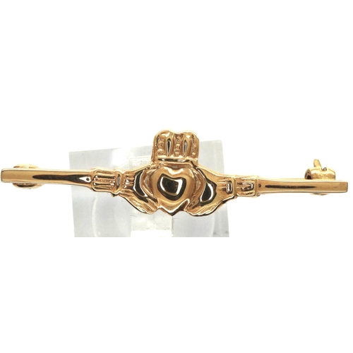 40 - 9ct gold Claddagh brooch, L: 40 mm, 1.9g. P&P Group 1 (£14+VAT for the first lot and £1+VAT for subs... 