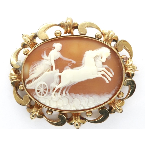 46 - Pinchbeck mounted cameo brooch, 70 x 60 mm, visible solder marks to frame where Pinchbeck mount has ... 