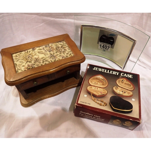 1407 - Two jewellery boxes and a glass picture frame. P&P Group 3 (£25+VAT for the first lot and £5+VAT for... 