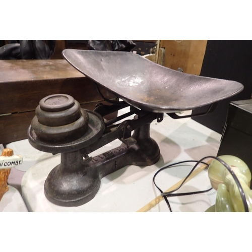 1408 - Vintage grocers scales with three weights. Not available for in-house P&P