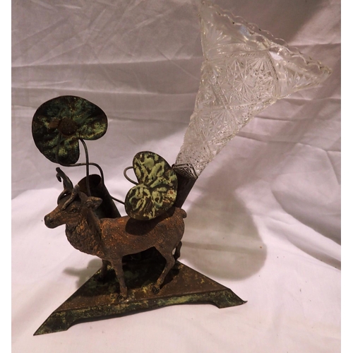 1425 - Cast metal Stag epergne, lacking one glass basket. Not available for in-house P&P