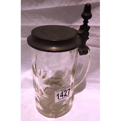 1427 - Pewter lidded glass stein with acorn finial by Martin Pauson. P&P Group 2 (£18+VAT for the first lot... 