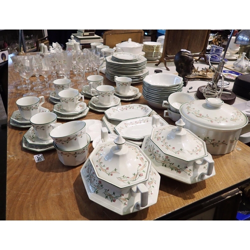 1440 - Substantial Johnson Brothers Eternal Bow dinner service including placemats, a food warmer and glass... 