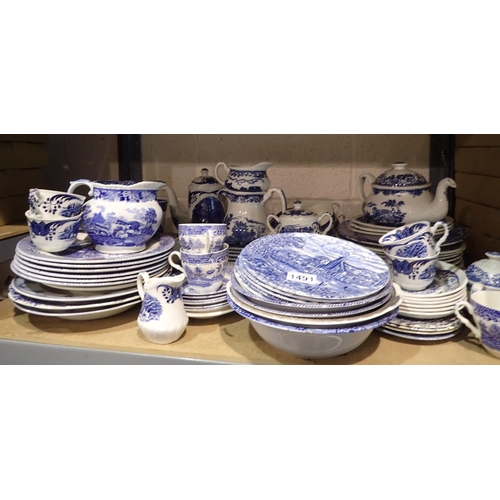 1491 - Shelf of blue and white ceramics. Not available for in-house P&P