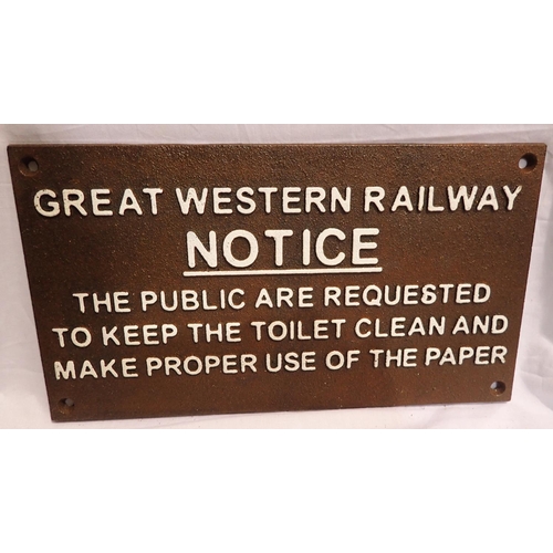 1501 - GWR keep toilets clean plaque, W: 30 cm. P&P Group 1 (£14+VAT for the first lot and £1+VAT for subse... 