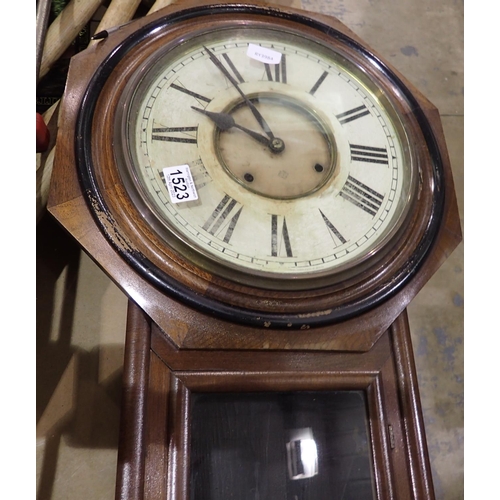 1523 - Walnut cased wall clock with pendulum, not working. Not available for in-house P&P