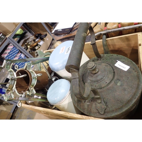 1526 - Collection of mixed items to include Salter scales and a copper kettle. Not available for in-house P... 