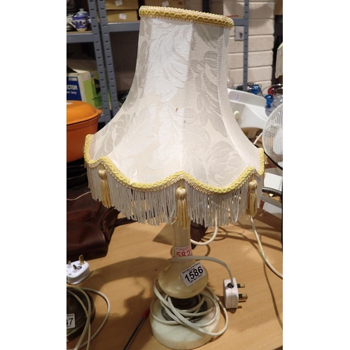 1586 - Marble and brass based table lamp, with shade, H: 53 cm. All electrical items in this lot have been ... 