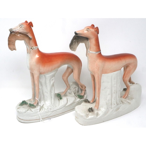 248 - Pair of 19th century Staffordshire greyhound dogs, H: 28 cm, cracks to both bases and bodies, age ma... 