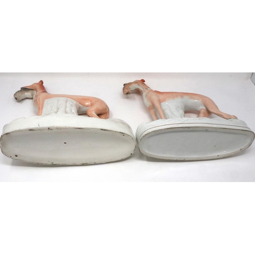 248 - Pair of 19th century Staffordshire greyhound dogs, H: 28 cm, cracks to both bases and bodies, age ma... 