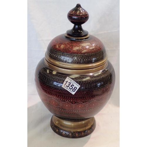 1358 - Heavily decorated wooden bowl, H: 35 cm. P&P Group 3 (£25+VAT for the first lot and £5+VAT for subse... 